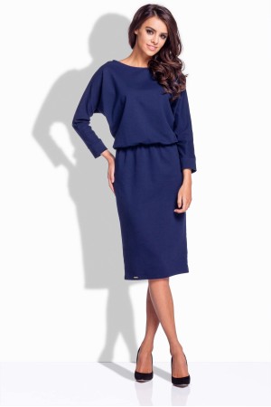 Rochie casual bleumarin cu lungime medie si maneci lungi